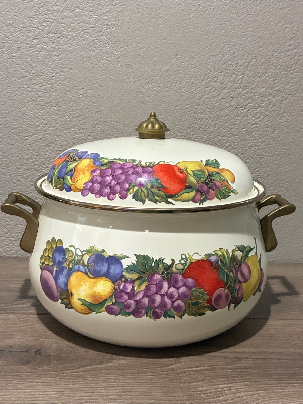 Vintage Cornucopia Fruit Enamel Casserole Pot w/ Brass Handles & Lid